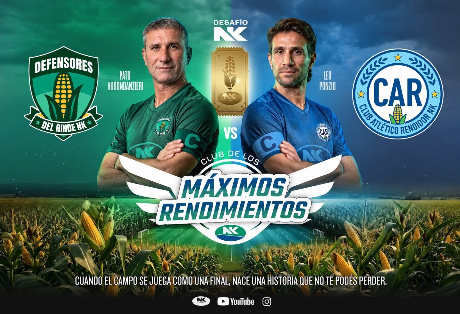 Pato Abbondanzieri con la camiseta verde de Defensores del Rinde y Leo Ponzio con la azul del Club Atlético Rendidor, sobre un maizal. Club de los Máximos Rendimientos, Desafío NK: cuando el campo se juega como una final, nace una historia que no te podés perder.